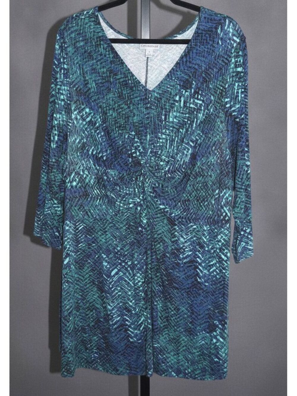 Catherines Blue Green Abstract Print V-Neck Ruched Top Long Sleeve Plus Size 2X